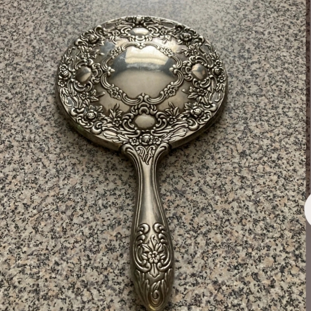Antique Vintage Silver Handheld Mirror Regency Victorian Style Real Mirror Heavy